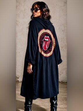 Marisima Italy Black Vintage Rock N Roll Hooded Duster Cardigan NWT OS